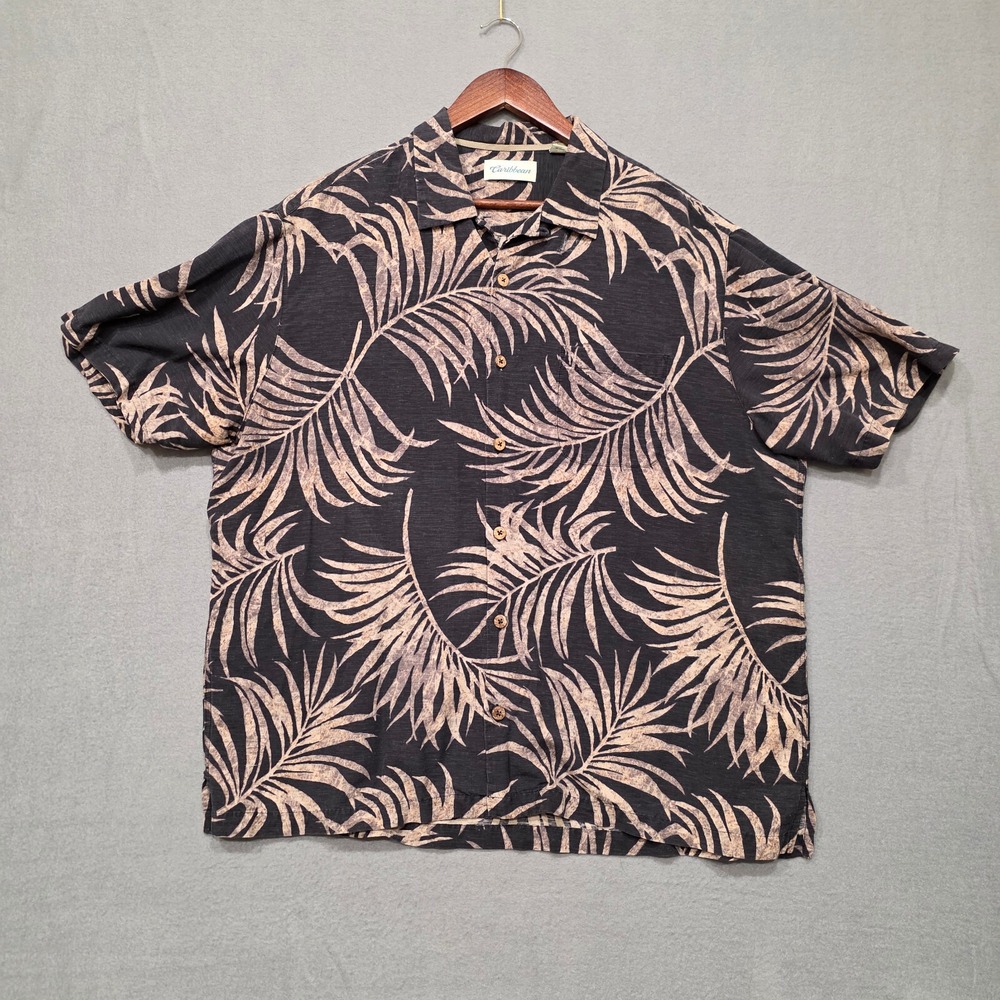 Caribbean Mens Short Sleeve Button Up 100% Silk‎ Hawaiian Shirt Size XL